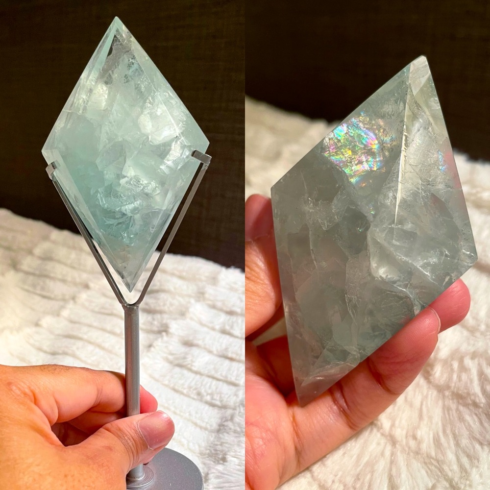Green Fluorite Diamond on Stand